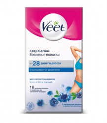 Восковые полоски для депиляции, Veet (Вит) №16 для чувствительной кожи бикини и область подмышек технология Изи-Гельвокс с миндальным маслом и ароматом василька с салфетками